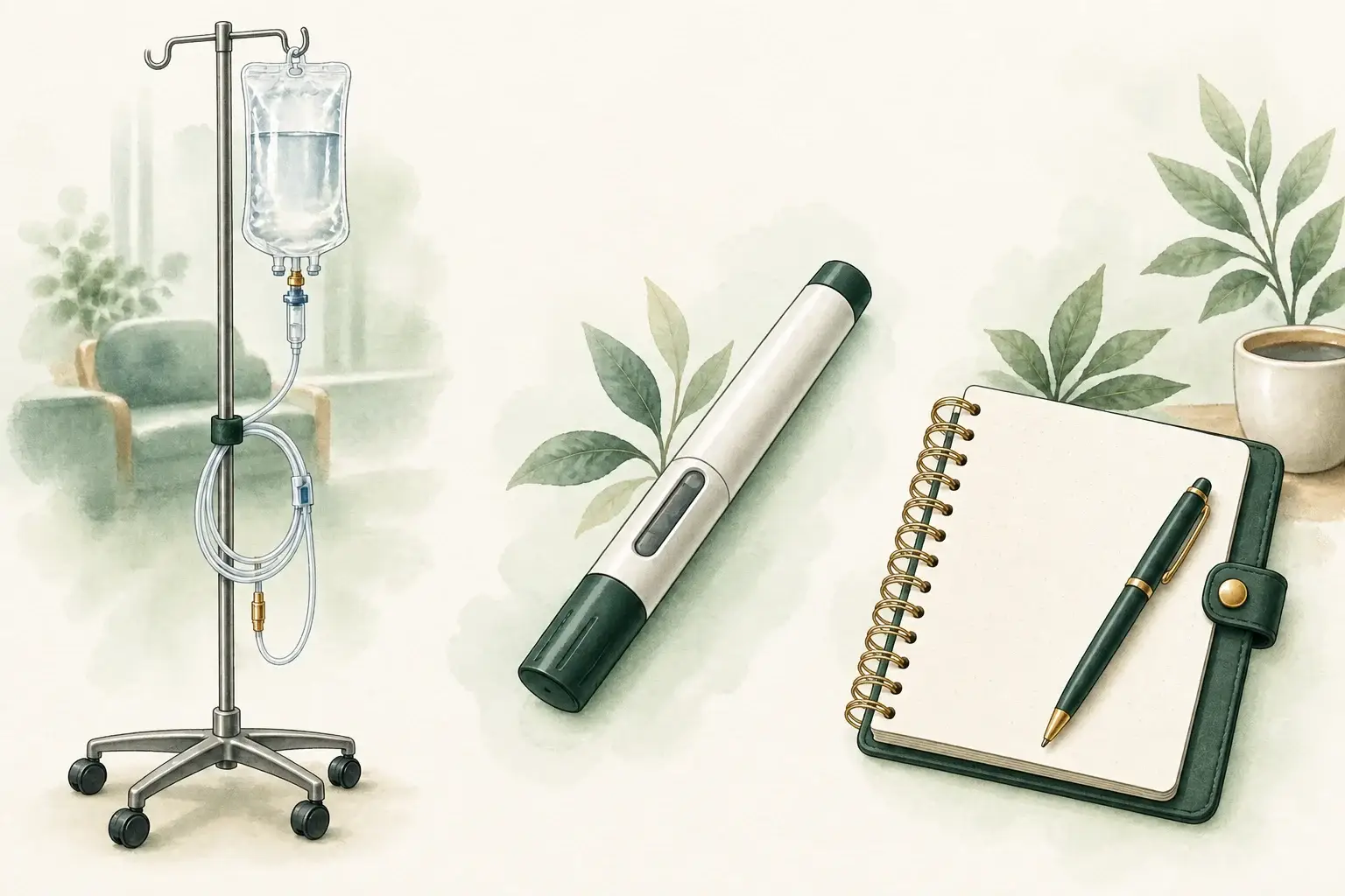 An infusion bag and pole, a generic closed injection pen, and a blank appointment planner.