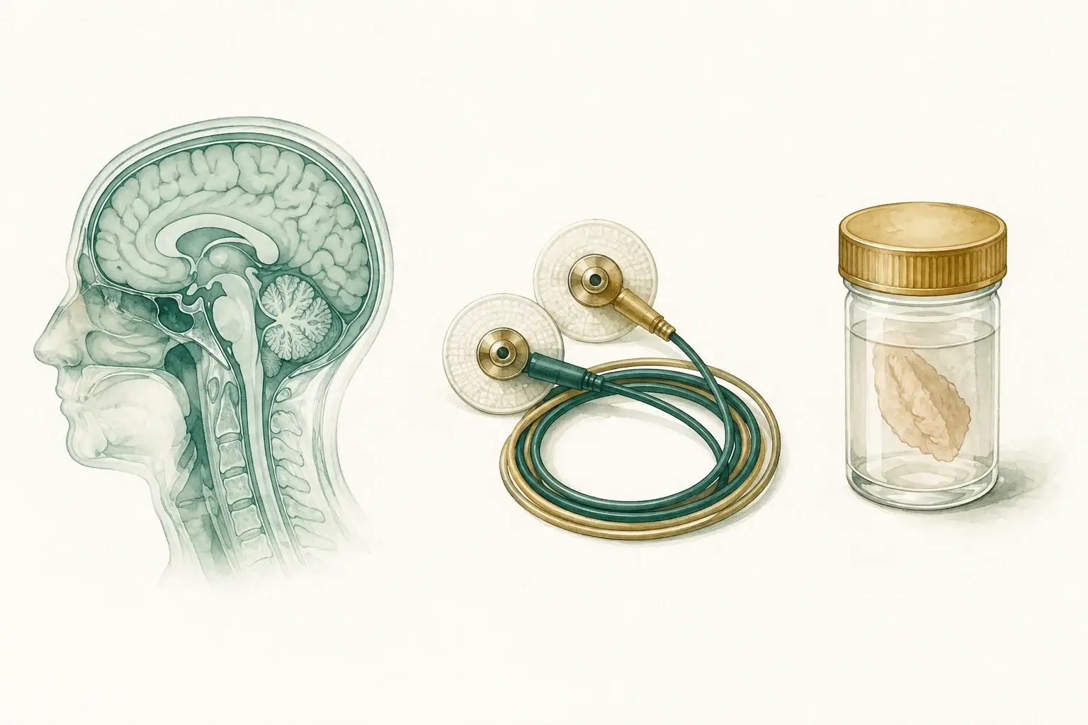 A brain imaging sheet beside nerve-test surface electrodes and a capped skin-sample vial.