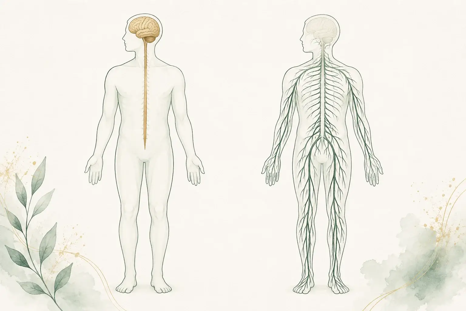 Two simplified body outlines contrast the brain and spinal cord with branching nerves in the arms and legs.