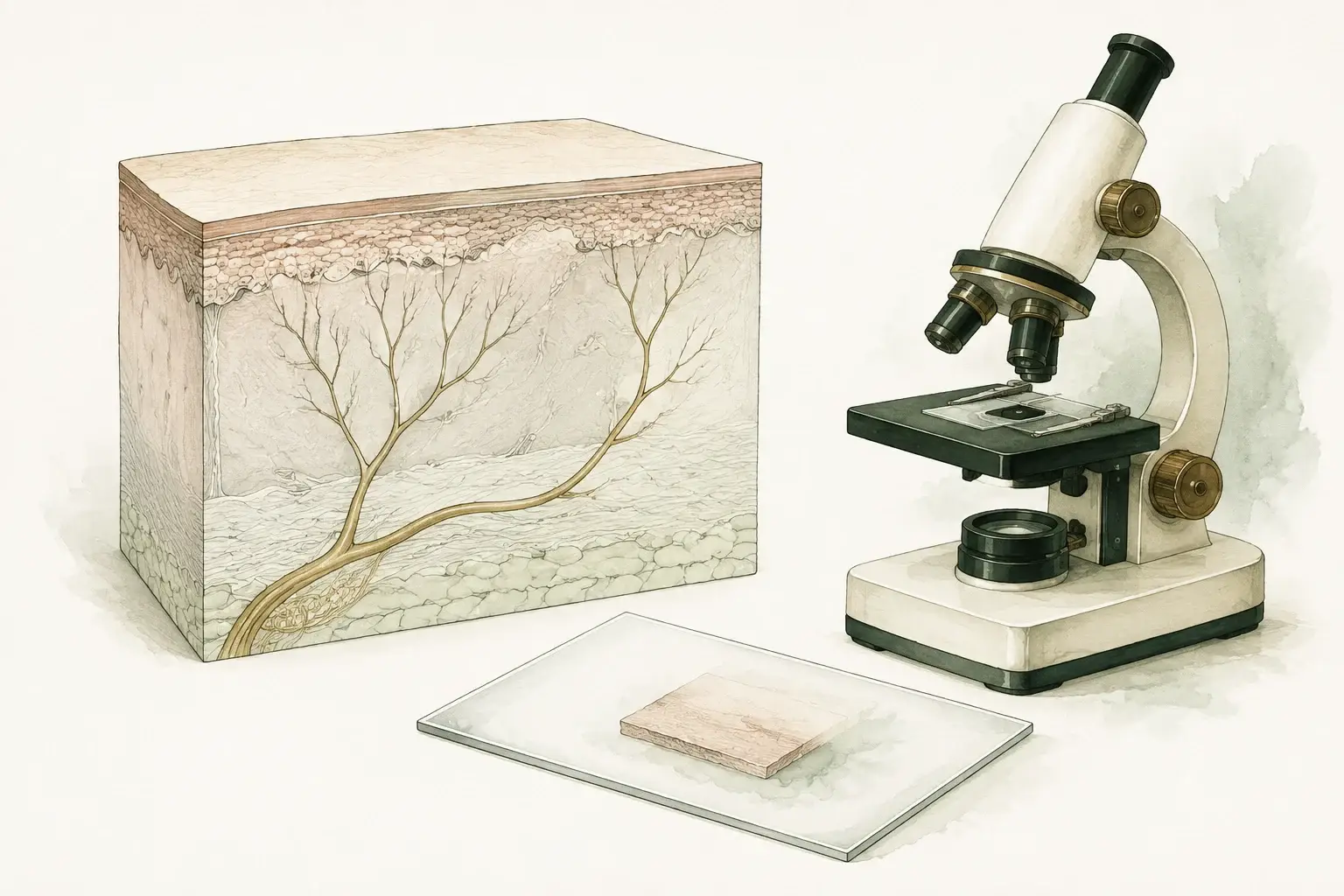 A magnified skin cross-section with fine nerve endings beside a microscope and a sample slide.