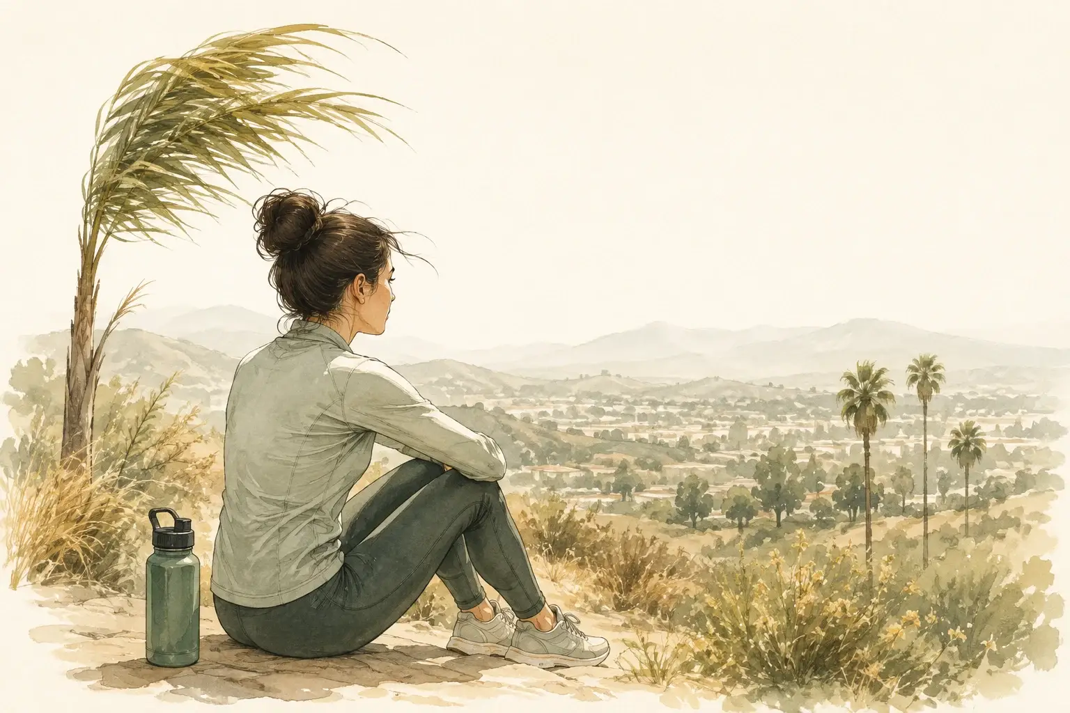 A person resting beside a water bottle overlooks hazy Southern California hills while dry wind bends a palm frond.