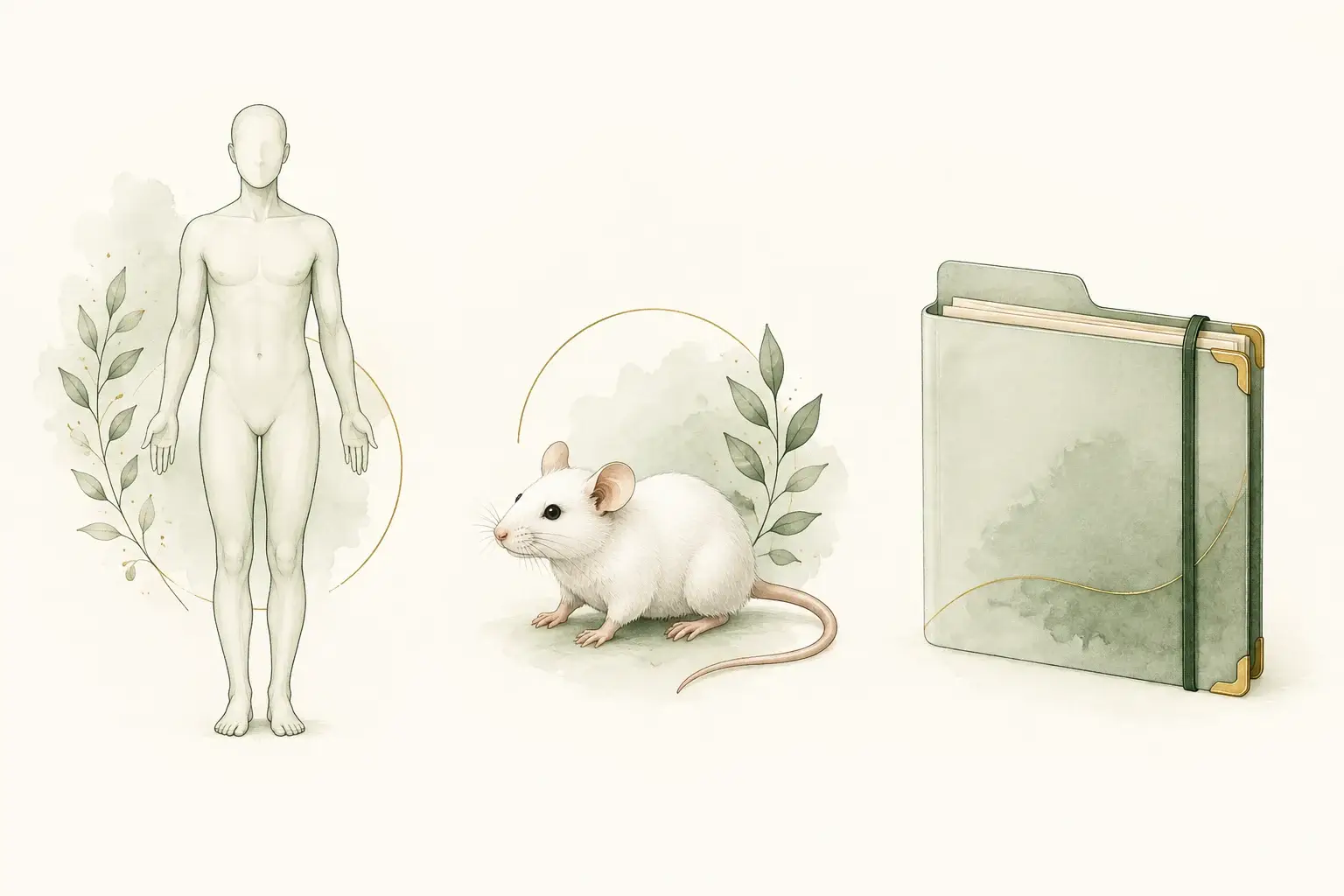 A small human silhouette, a laboratory mouse model, and a closed research folder in three separated vignettes.