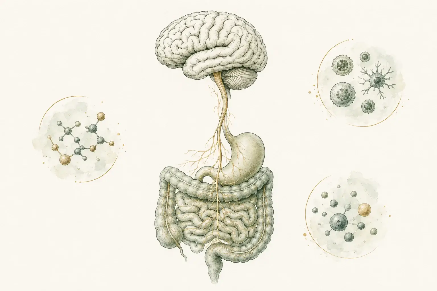 A simplified brain and digestive tract accompanied by small symbolic nerve, chemical, and immune-cell details.