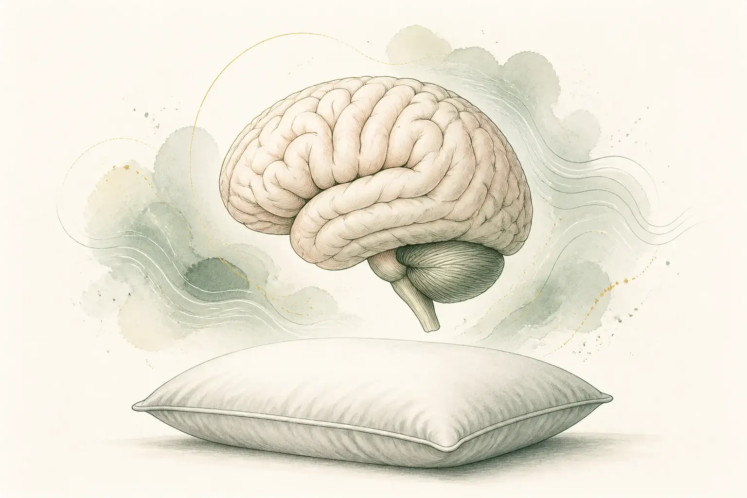 A softly shaded brain above a pillow, with delicate fluid-like curves suggesting sleep-related brain processes.