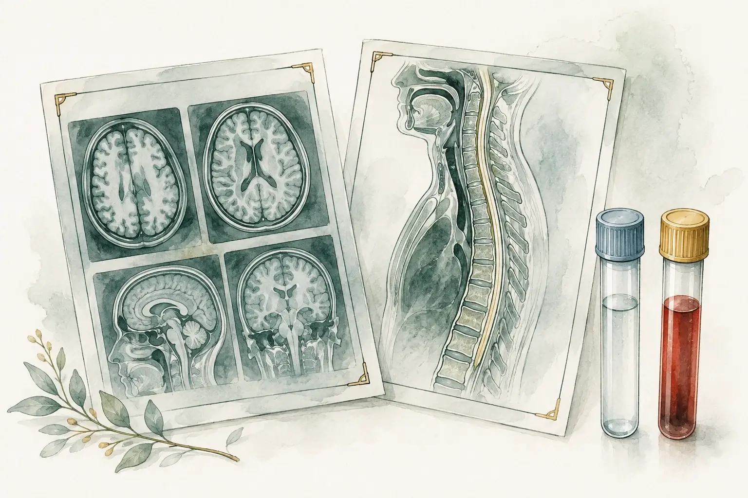 Brain and spine imaging sheets beside a clear sample tube and a capped blood-test tube.