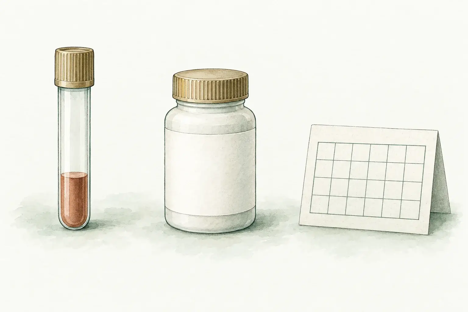 A capped blood sample tube, a closed supplement bottle and a small blank appointment card, side by side.