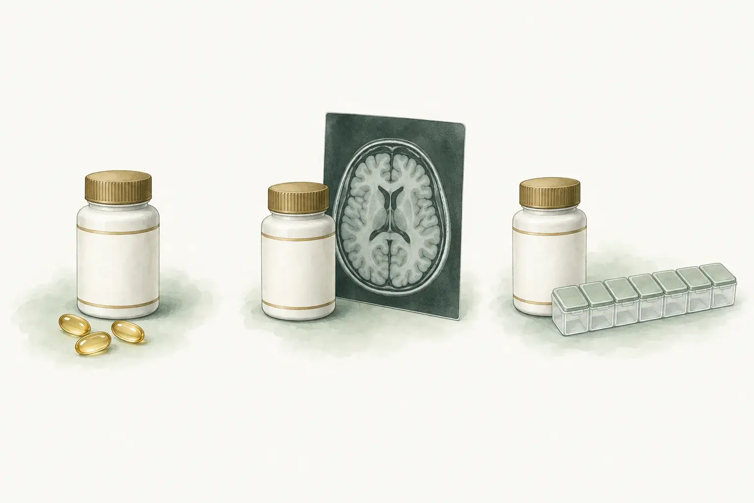 Three still lifes in a row: a supplement bottle with softgel capsules, the same bottle beside an MRI film of a brain slice, and the bottle beside a weekly pill organizer.