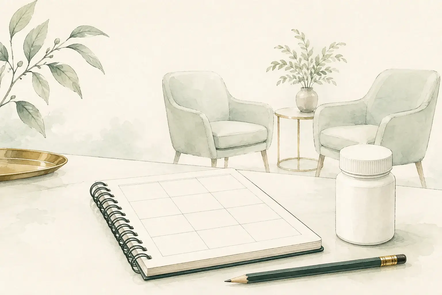 A blank headache diary beside a plain medication bottle and two empty consultation chairs.