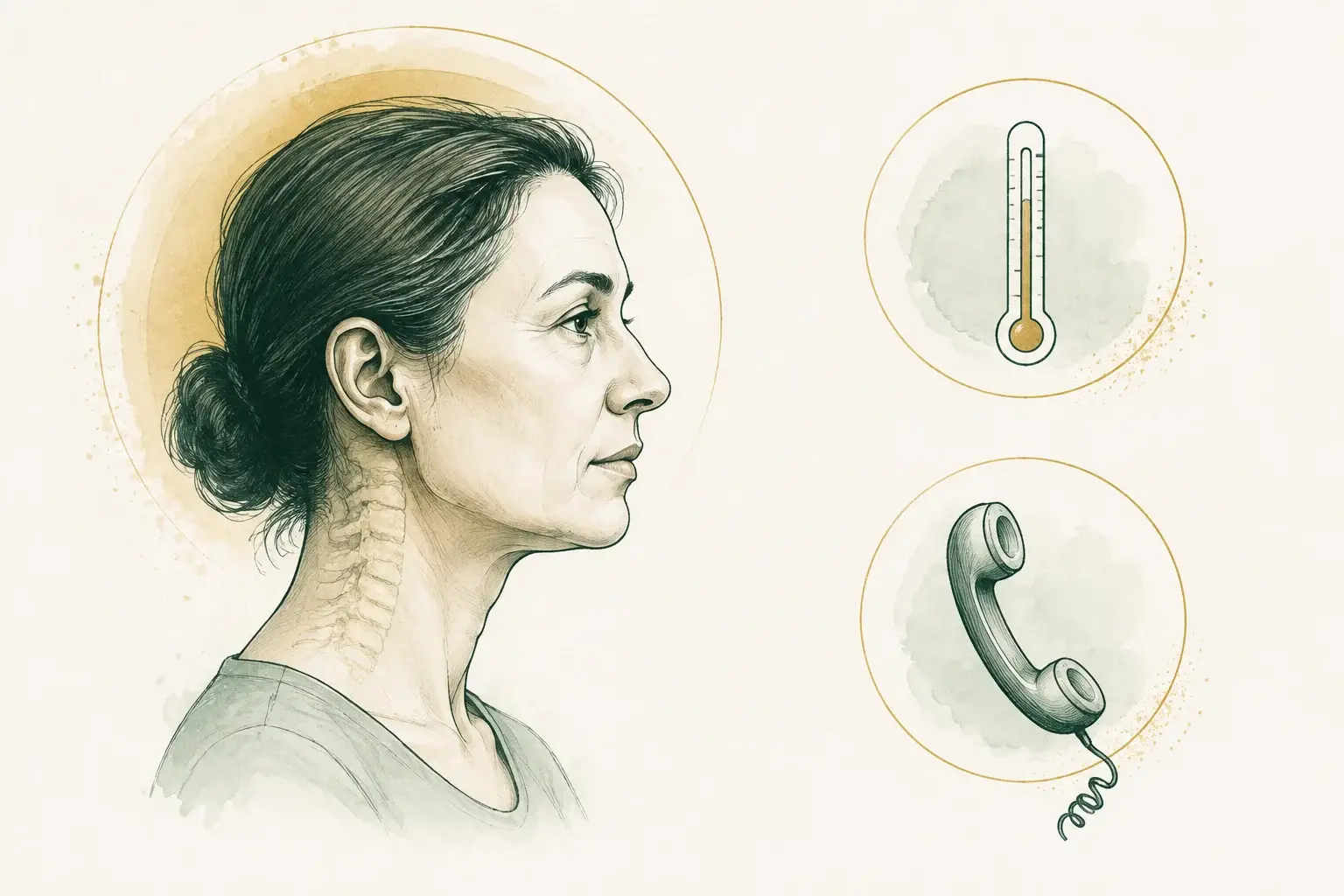 A head profile beside a thermometer and a telephone, illustrating symptoms that need urgent assessment.