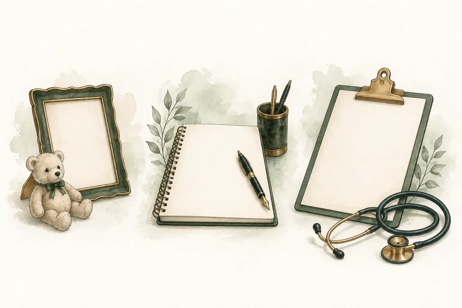 Blank photo frame, work notebook, and clinical clipboard arranged together.