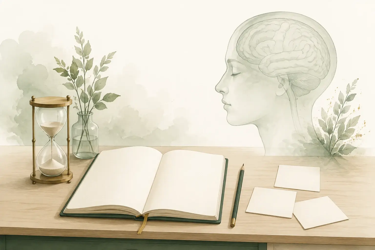 Brain profile beside a blank planner, notes, pencil, and hourglass.