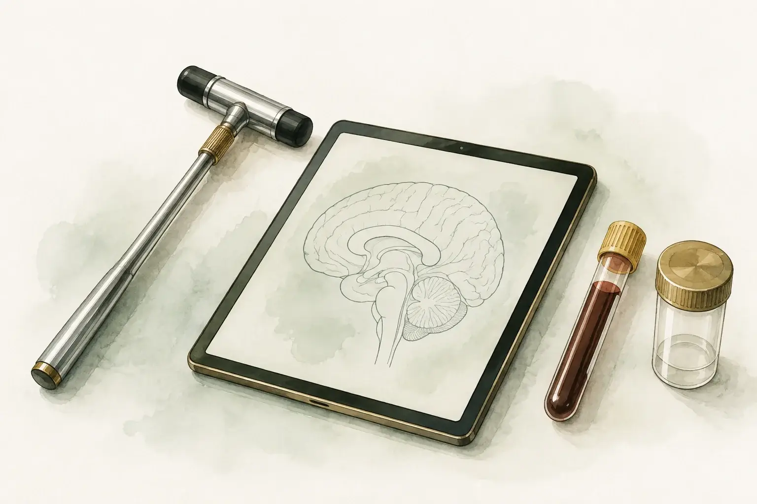 Reflex hammer, schematic brain image, blood sample tube, and specimen vial.