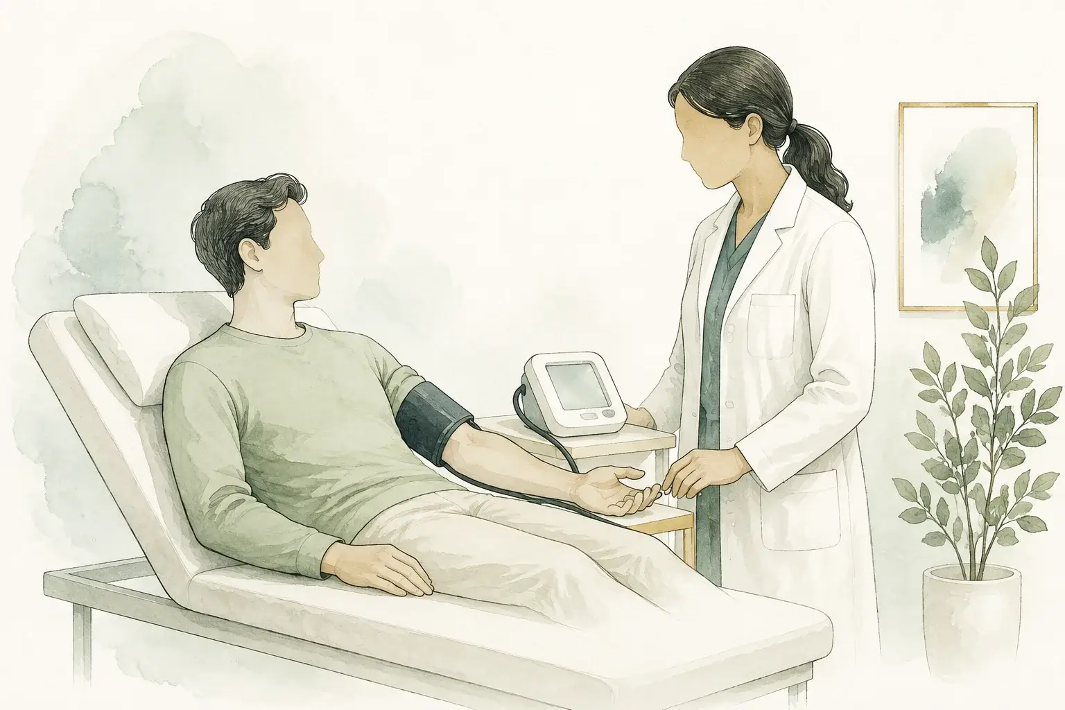 Person lying on an examination couch and standing beside it, with a blood pressure cuff.