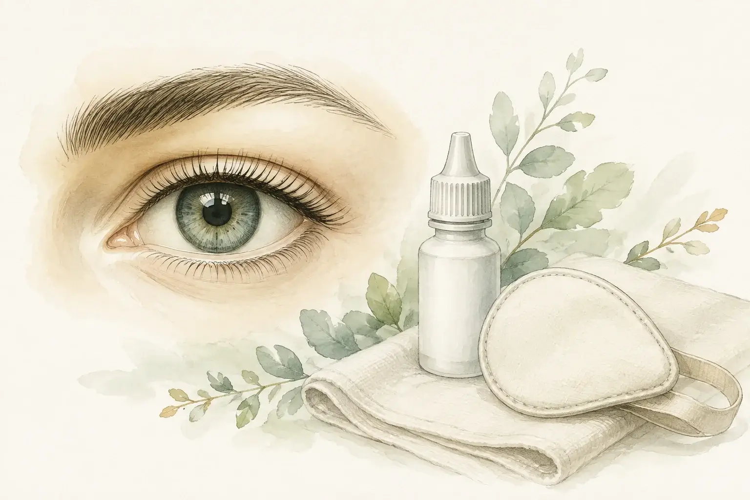 An eye, unbranded eye drops, and a soft eye patch.