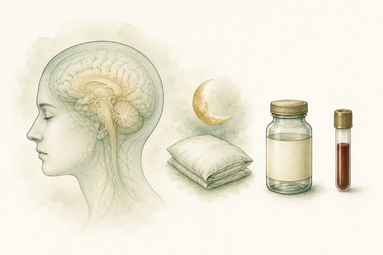 Brain within a head profile beside a pillow, medicine bottle, and blood sample tube.