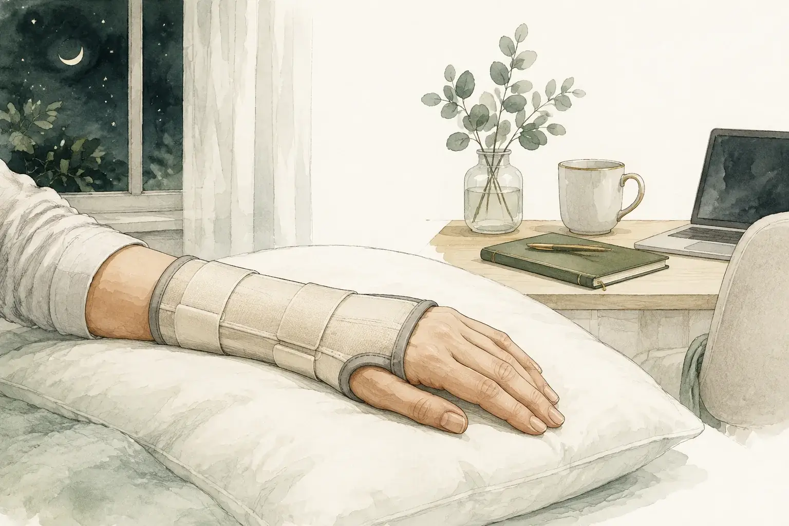 A relaxed hand wearing a wrist splint and resting on a pillow.