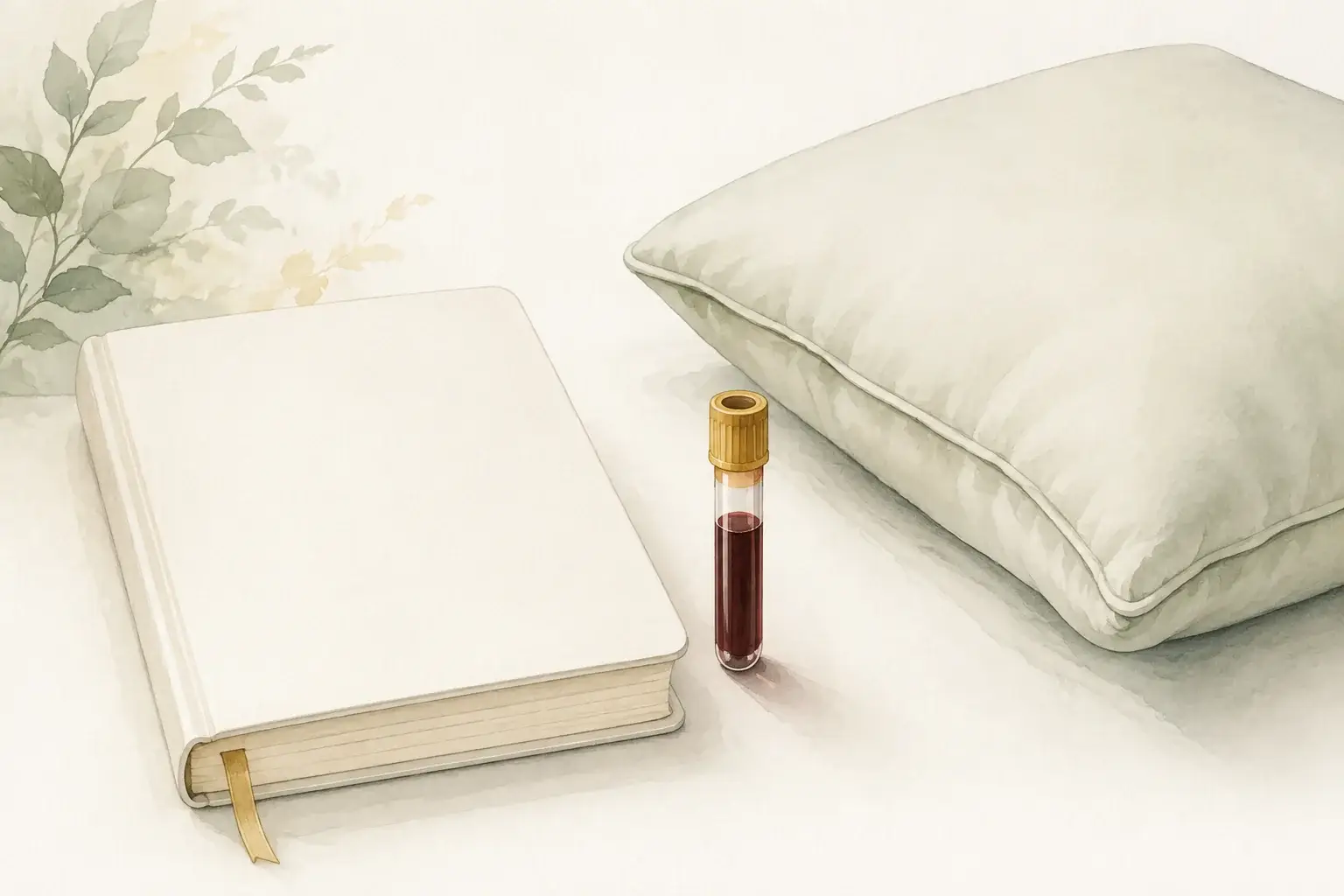 Blank symptom journal, blood sample tube, and a pillow.