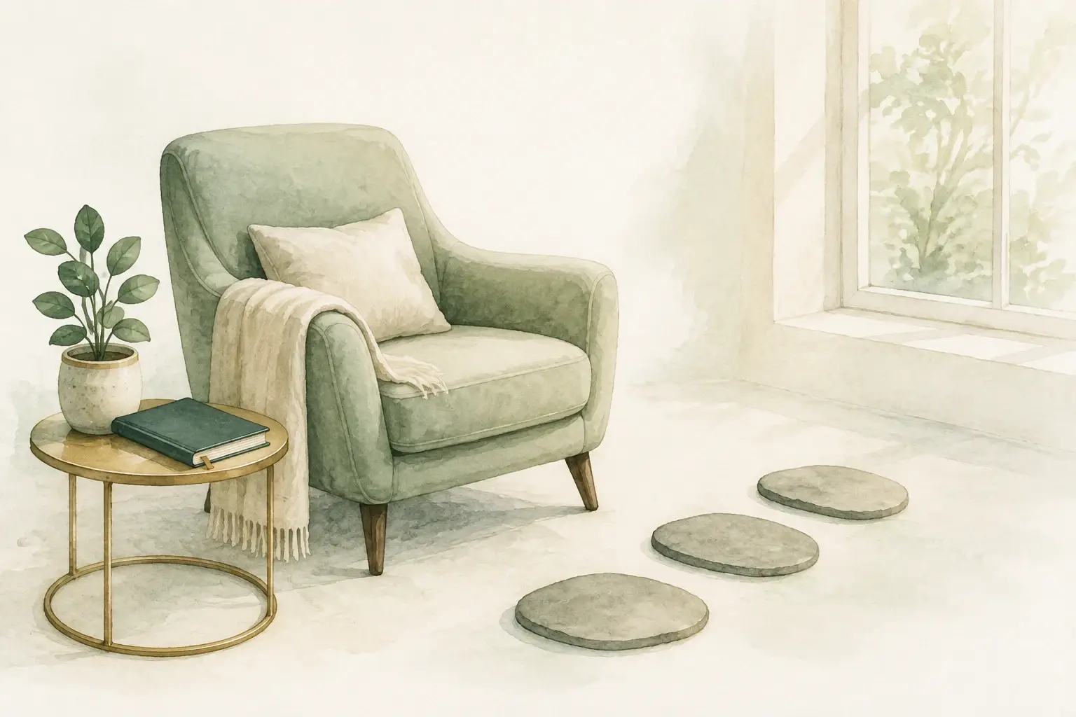 A restful armchair and closed planner beside a sequence of small stepping stones.