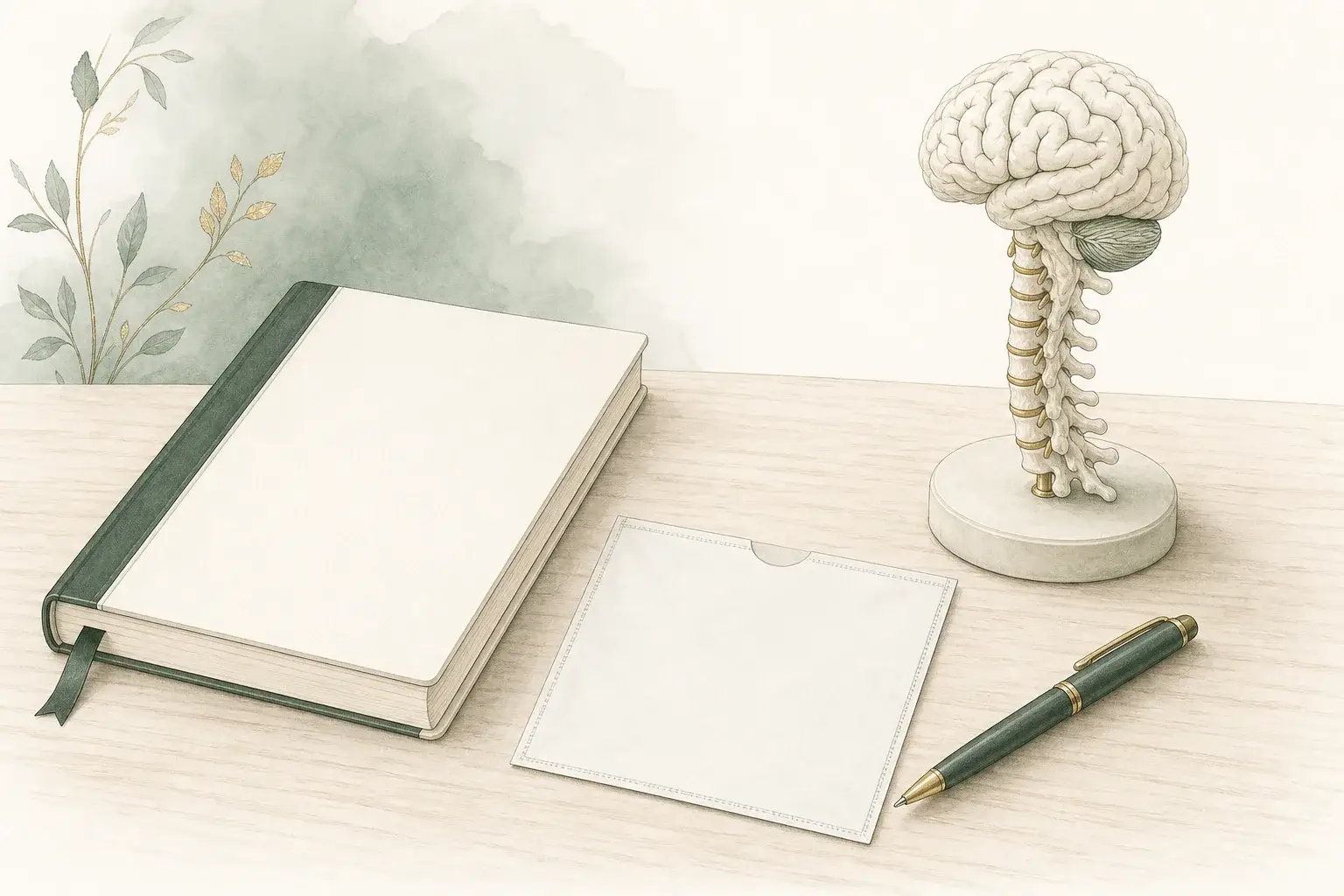 A notebook with a ribbon bookmark, an empty film sleeve, a pen, and a small brain and spine model on a desk.
