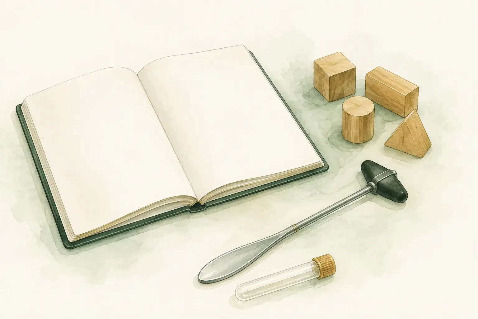 Notebook, sorting blocks, reflex hammer, and a blood sample tube.