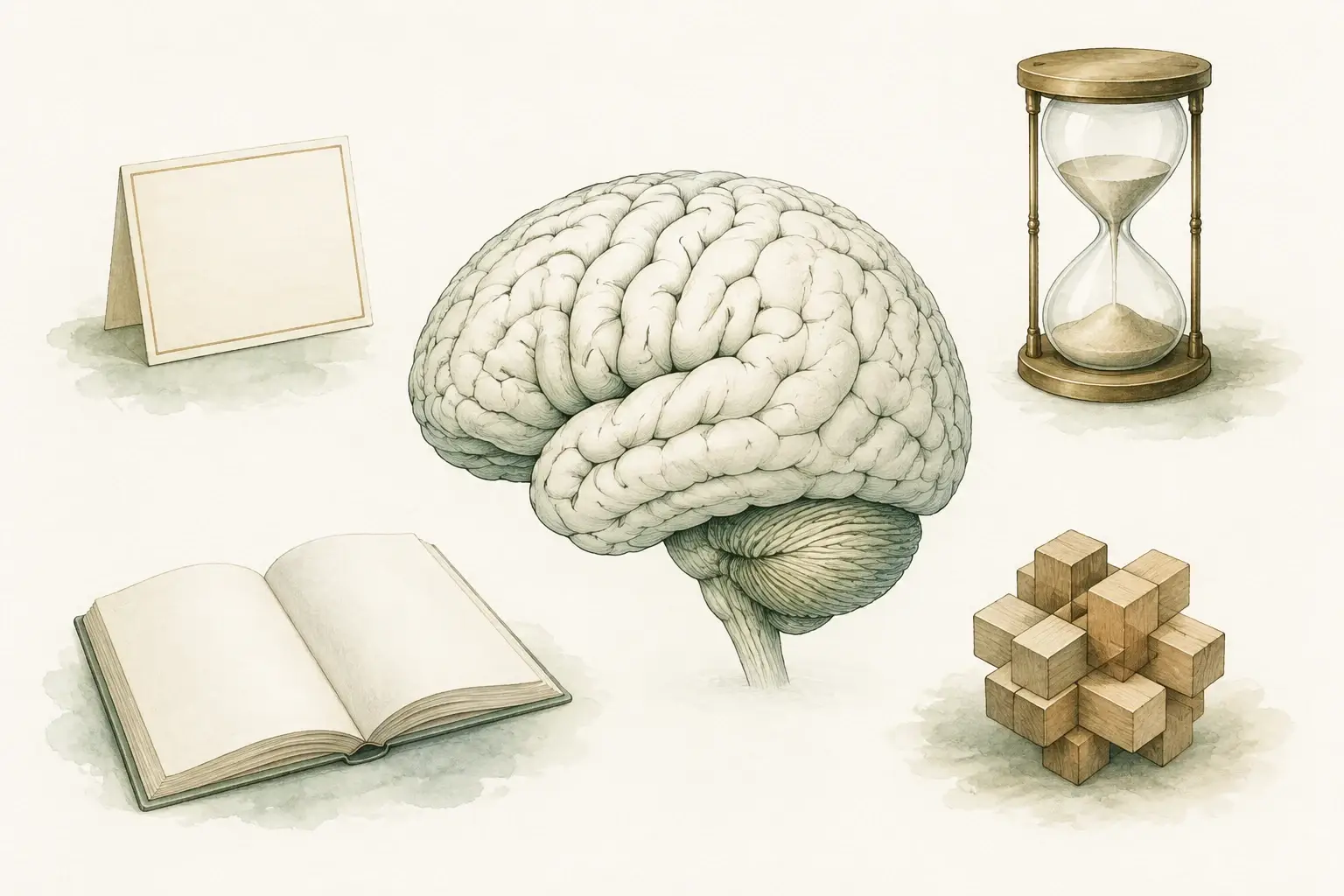 Brain illustration surrounded by a book, note card, hourglass, and wooden puzzle.