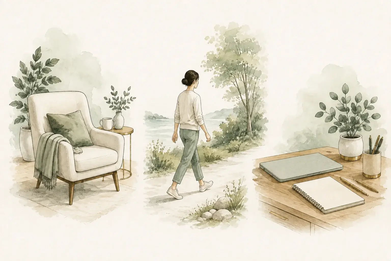 A resting chair, person taking an easy walk, and a simple desk with a closed laptop.