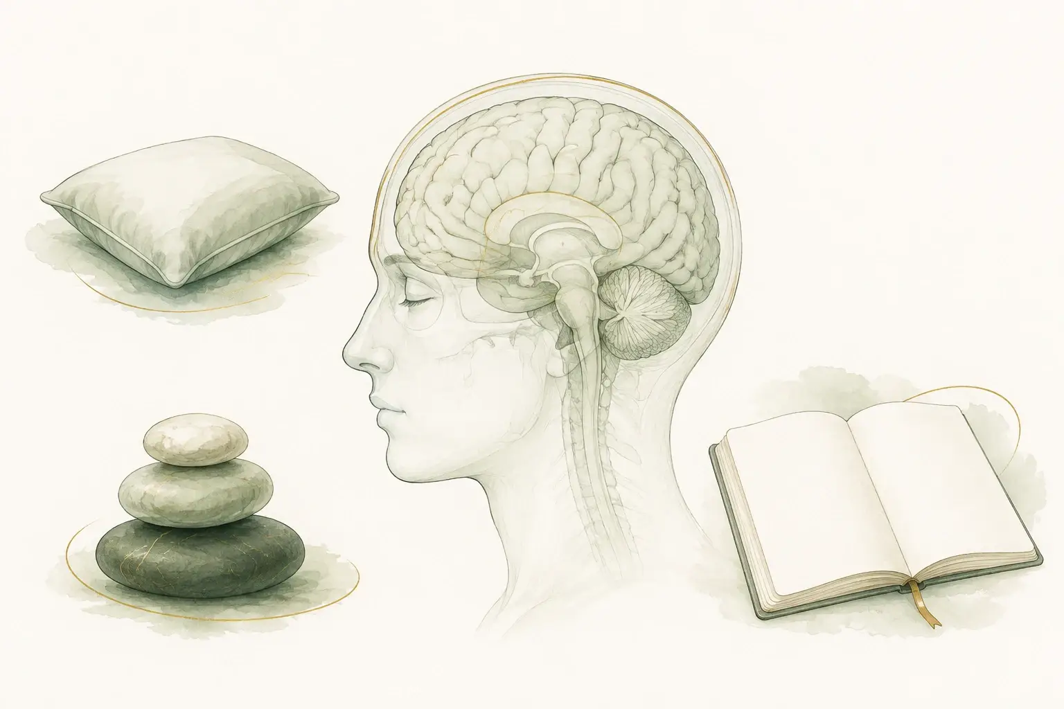 Brain within a head profile beside a pillow, balanced stones, and an open notebook.