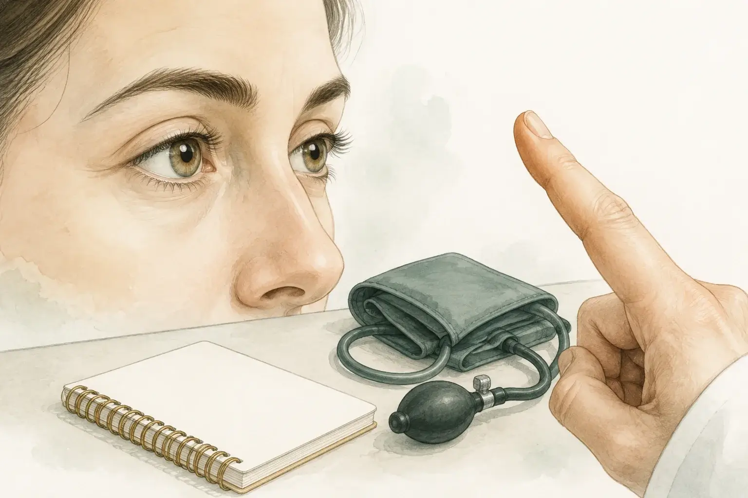 Eye movement examination with a fingertip, notebook, and blood pressure cuff.