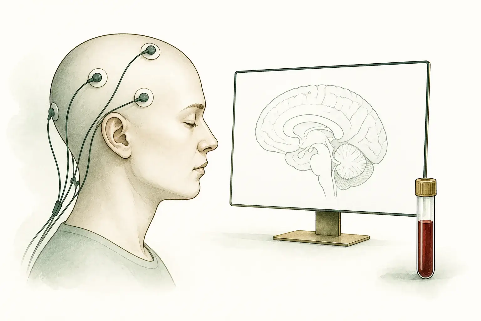 Scalp EEG electrodes beside a brain illustration and blood sample tube.