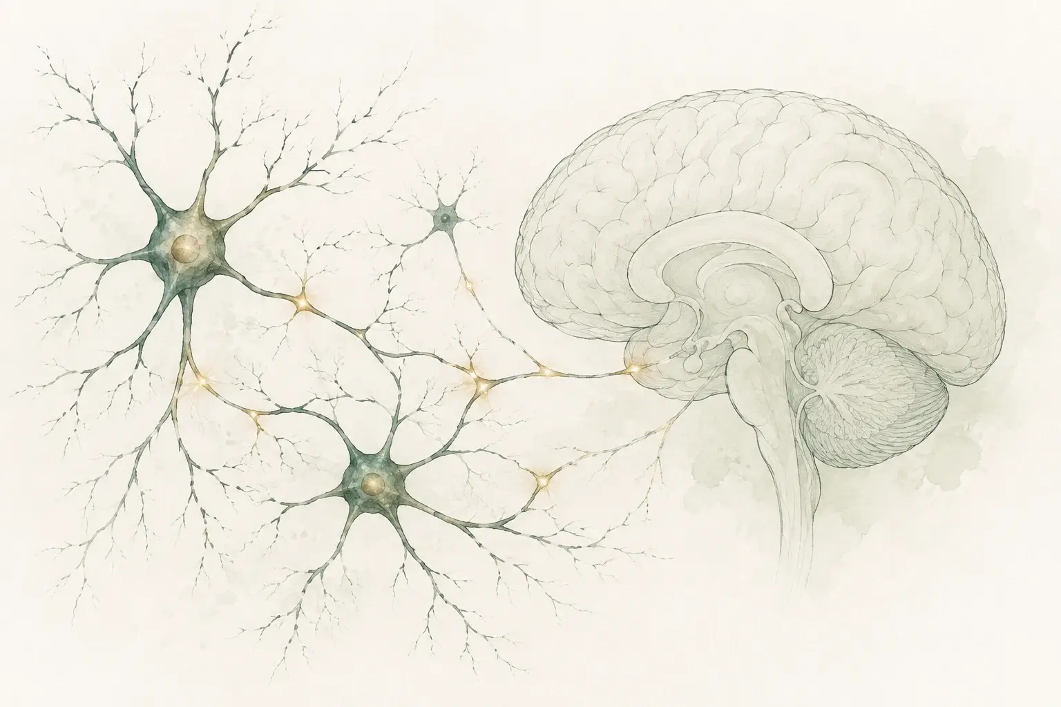 Branching nerve cells with small points of light beside a brain outline.