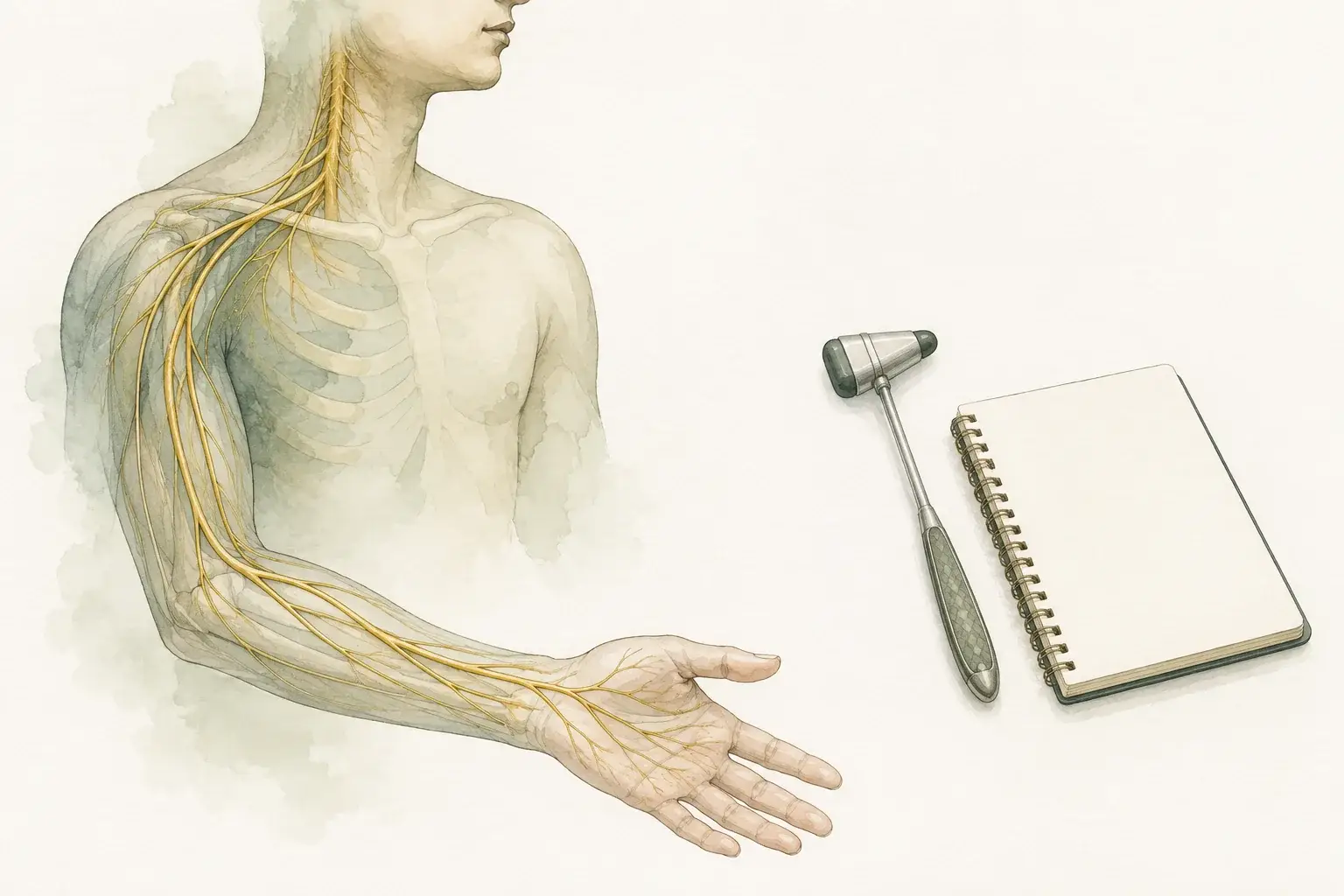 Nerve pathway from neck to hand beside a reflex hammer and examination notes.