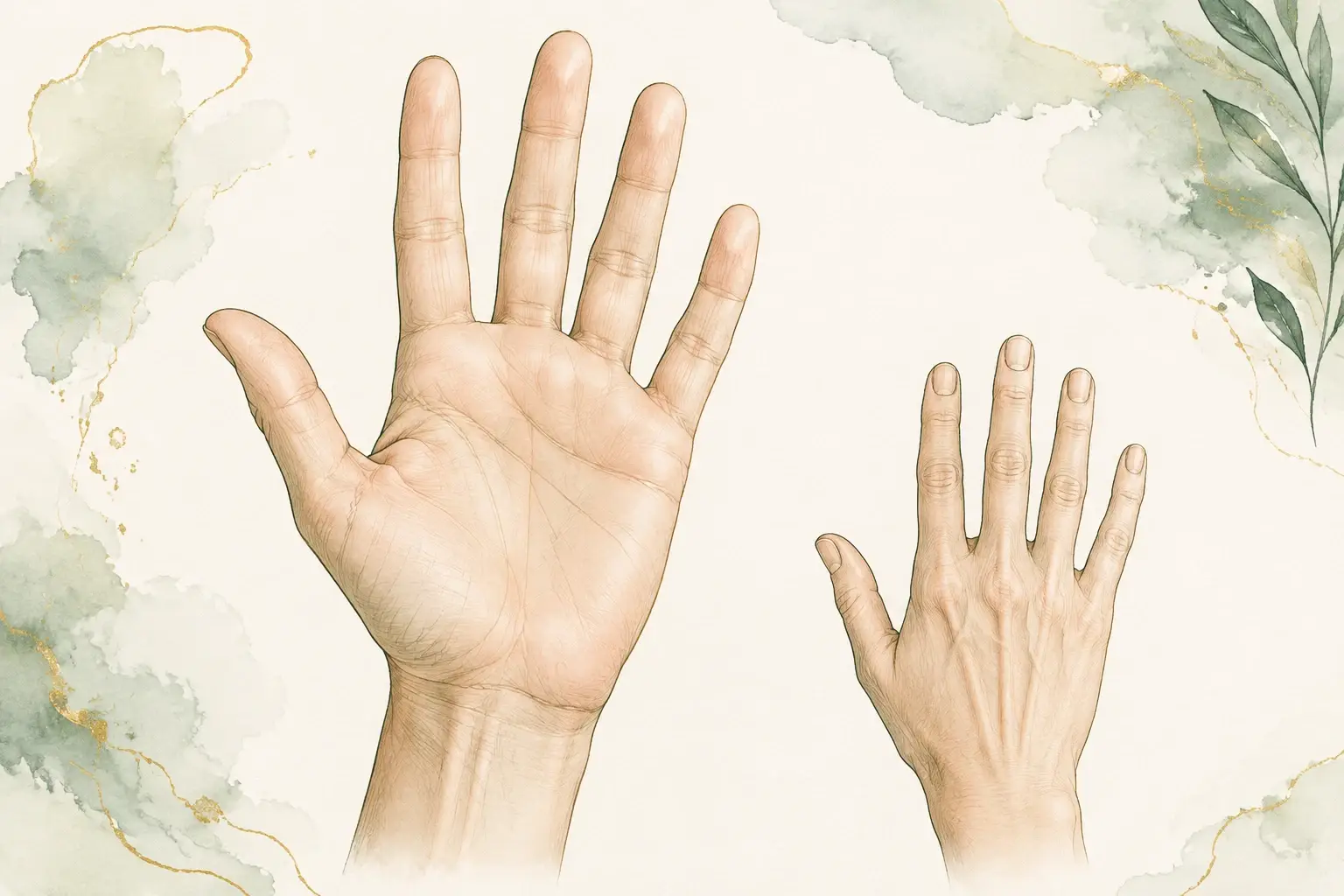 Two views of a hand, one showing the palm and the other showing the back.