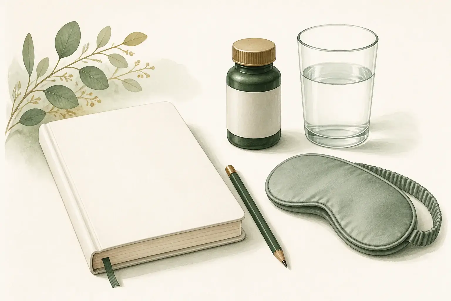 Headache diary, medicine container, water glass, and sleep mask.