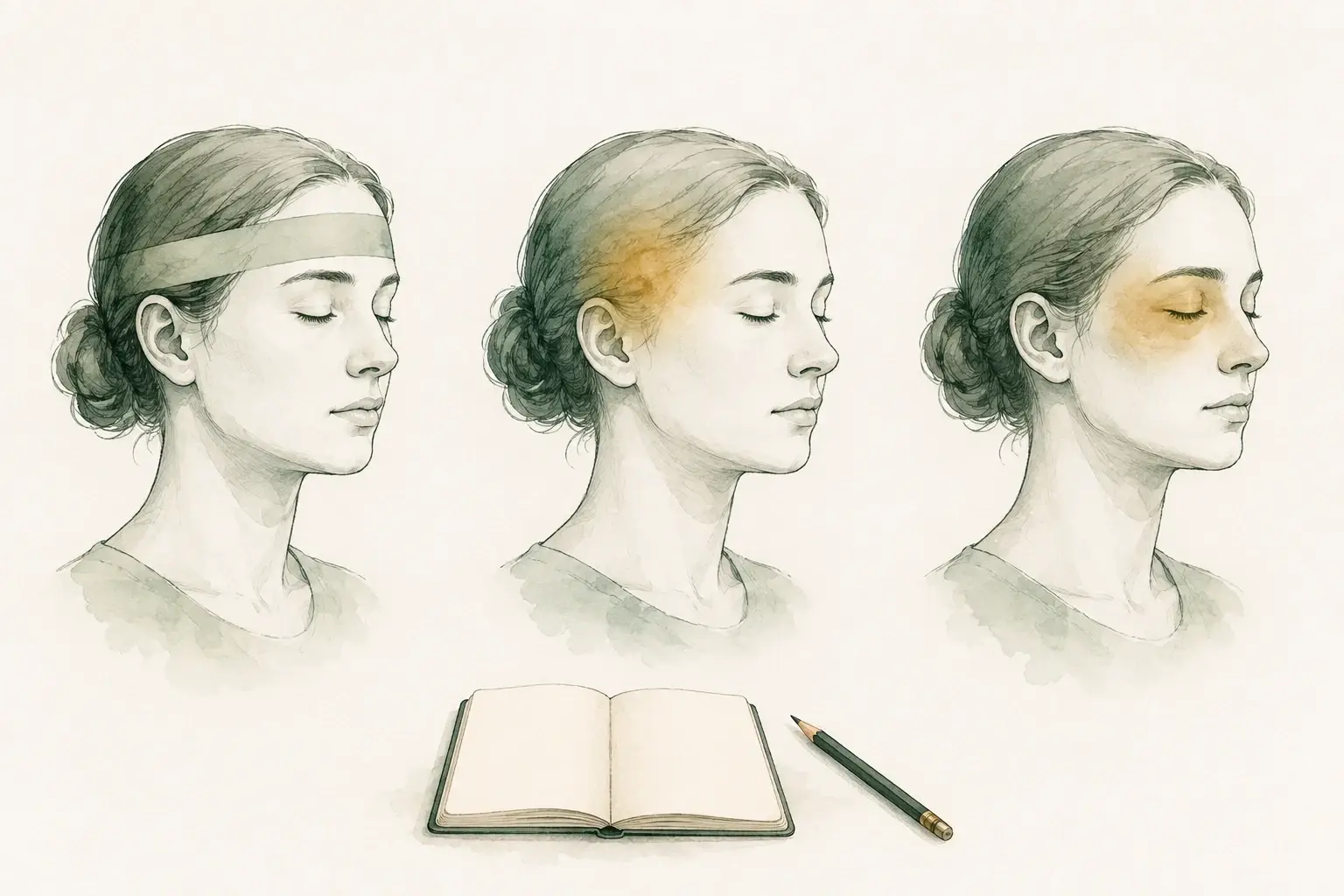Three head profiles with different pain-area shading above a blank headache diary.
