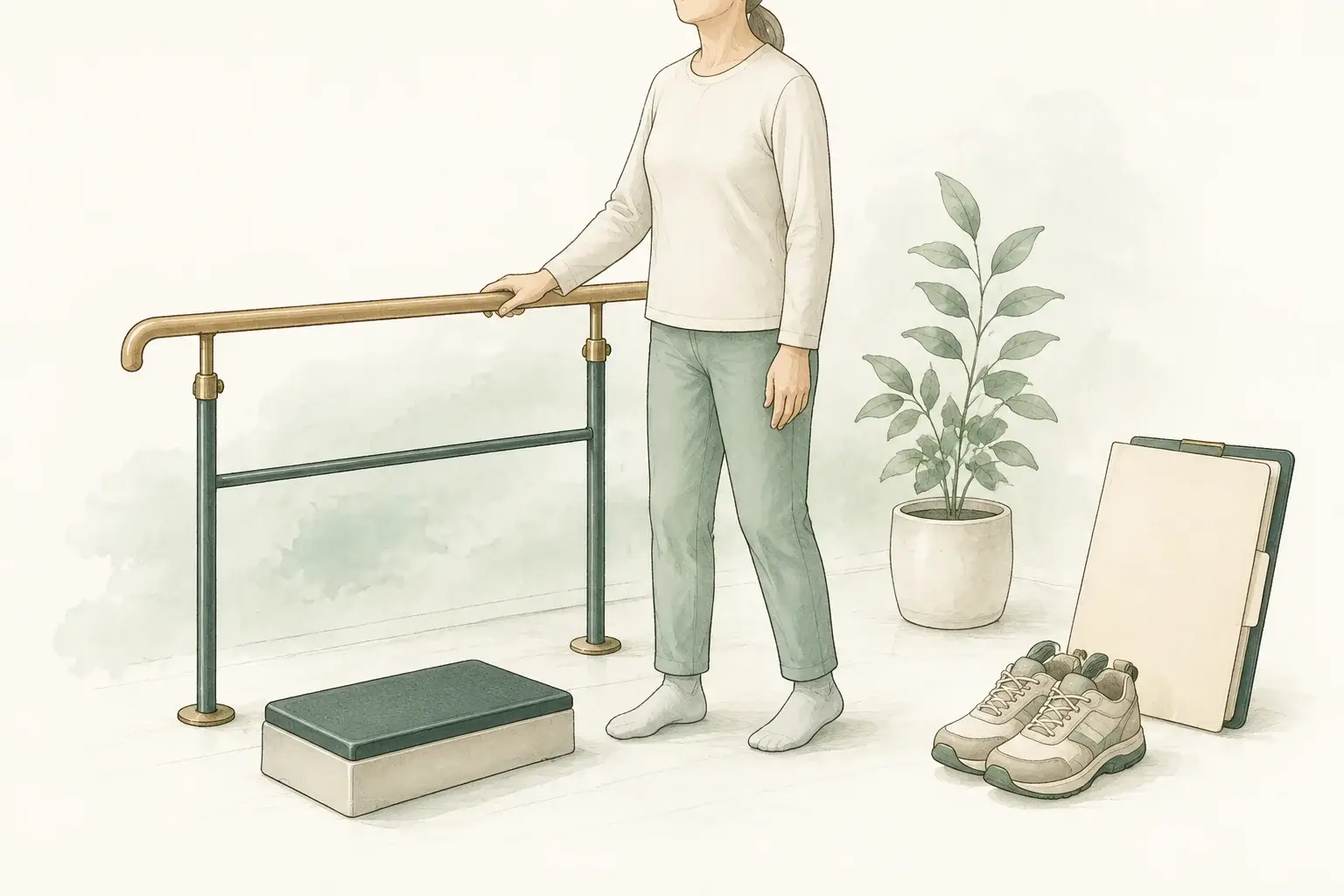 A person practicing supported standing balance next to a handrail.
