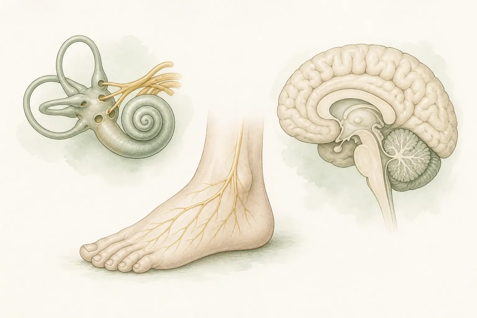 Inner ear, sensory nerves in a foot, and brain with cerebellum highlighted.