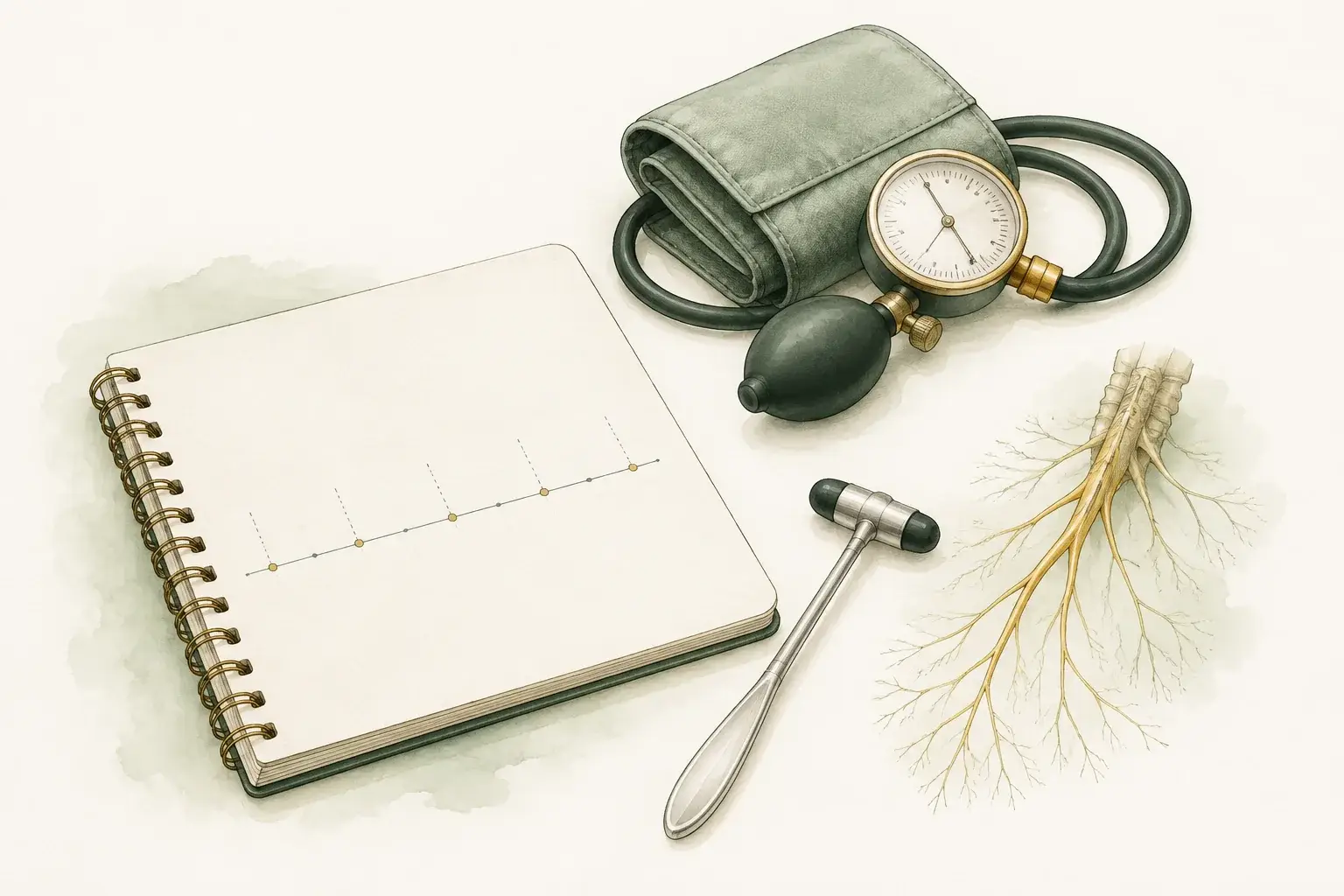 Symptom notebook, reflex hammer, blood pressure cuff, and nerve illustration.