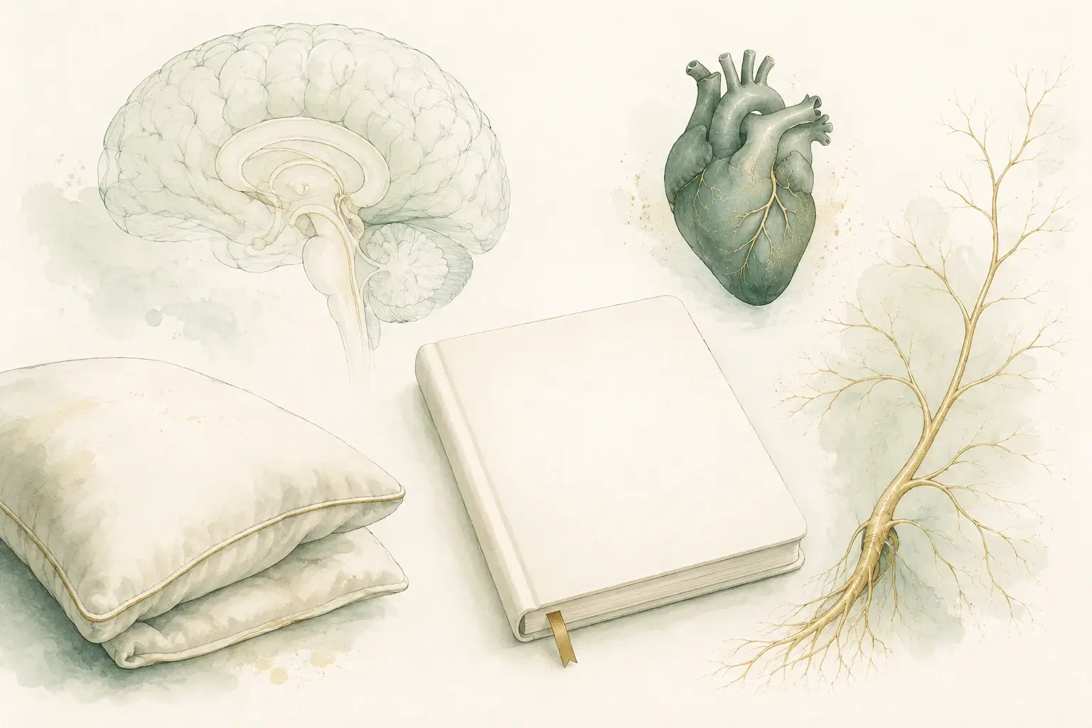 Brain, heart, and branching nerve illustrations beside a pillow and blank notebook.