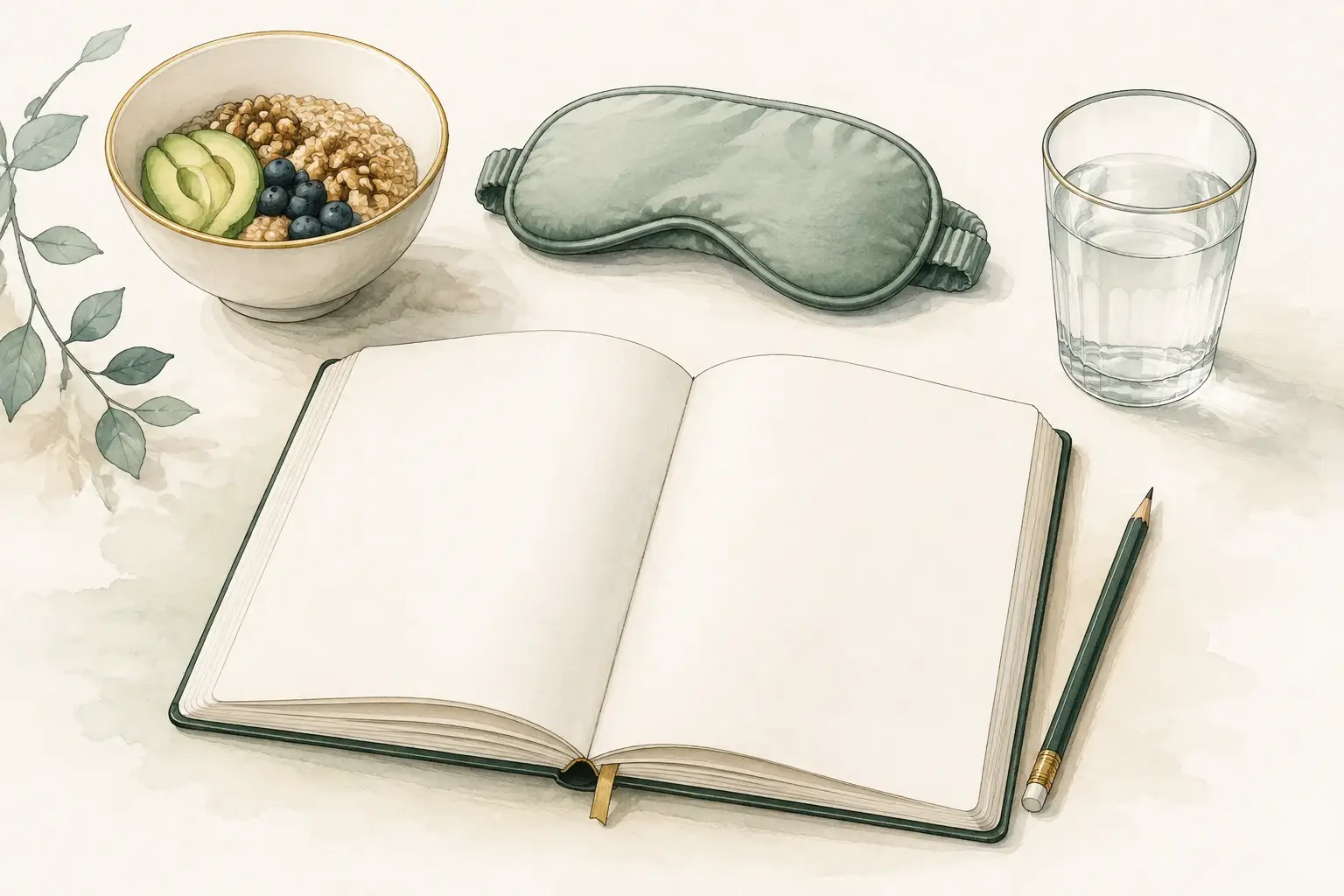 Headache diary beside a sleep mask, glass of water, and a bowl of food.