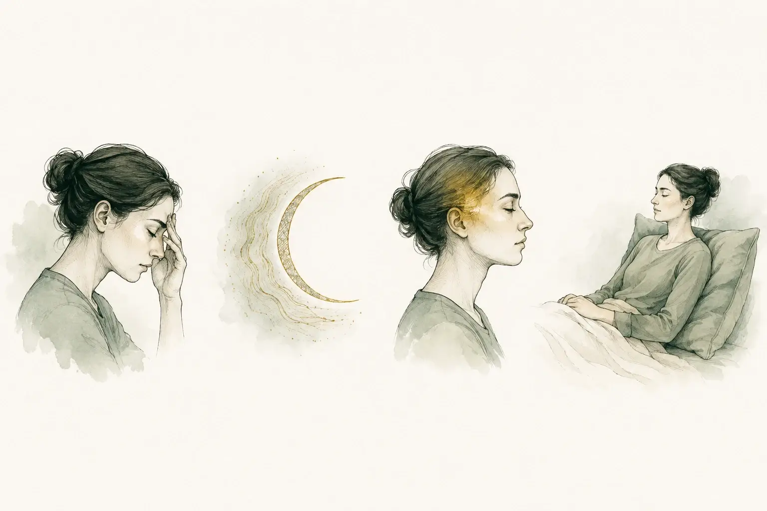 A sequence showing early symptoms, visual aura, headache, and rest after a migraine.