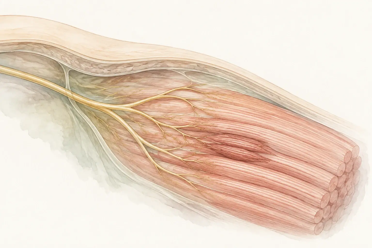 A motor nerve branching into a bundle of muscle fibers beneath the skin.