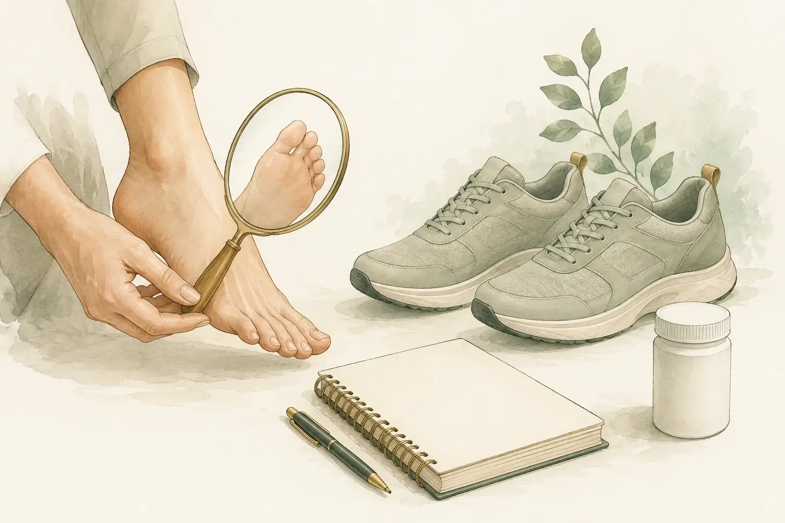 A foot inspection with a mirror beside supportive shoes, a notebook, and medicine container.