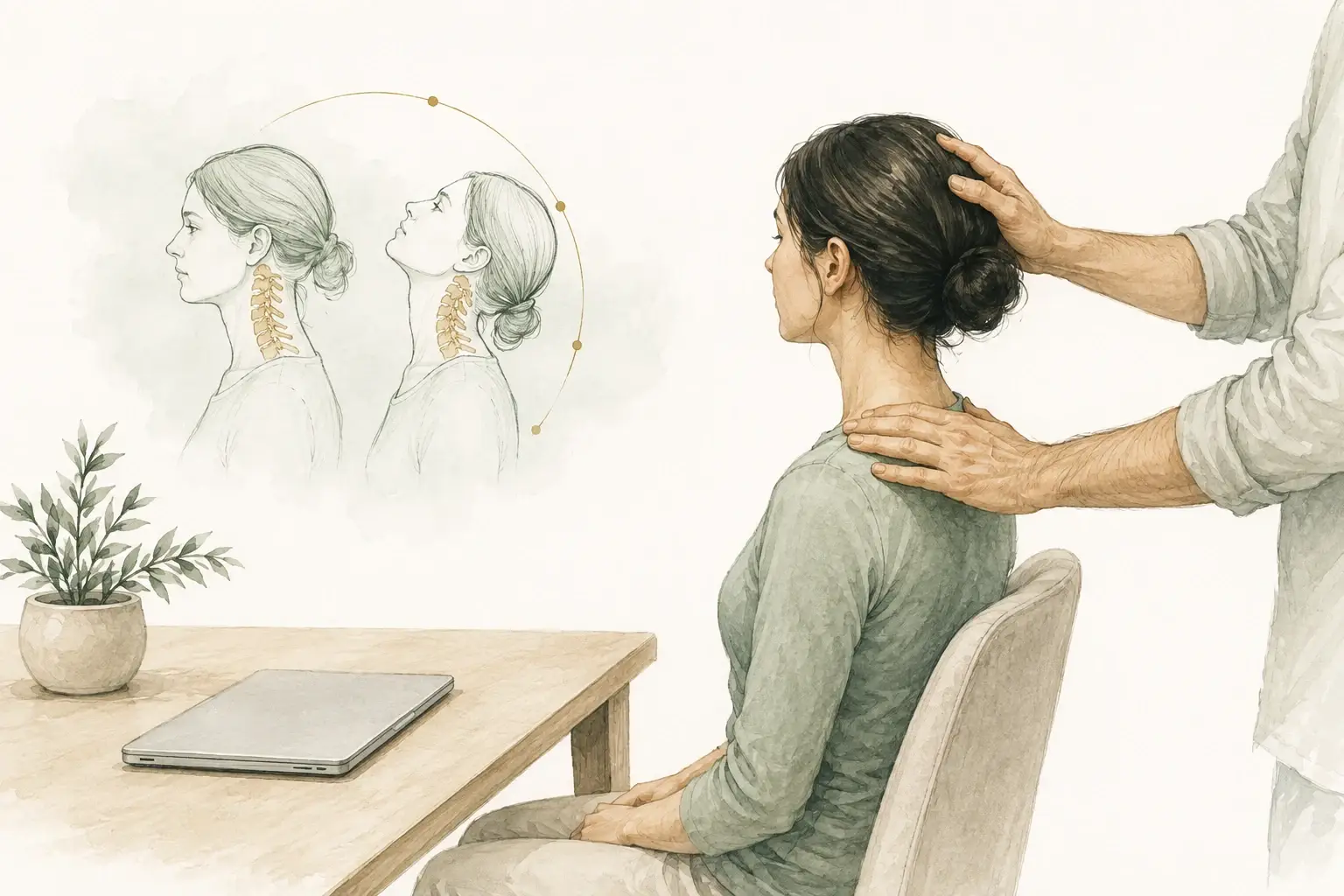 A seated person with a clinician checking neck movement beside a simple desk.
