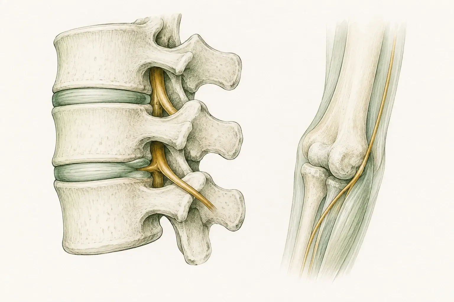 A spinal nerve root near an intervertebral disc beside a nerve passing the elbow.