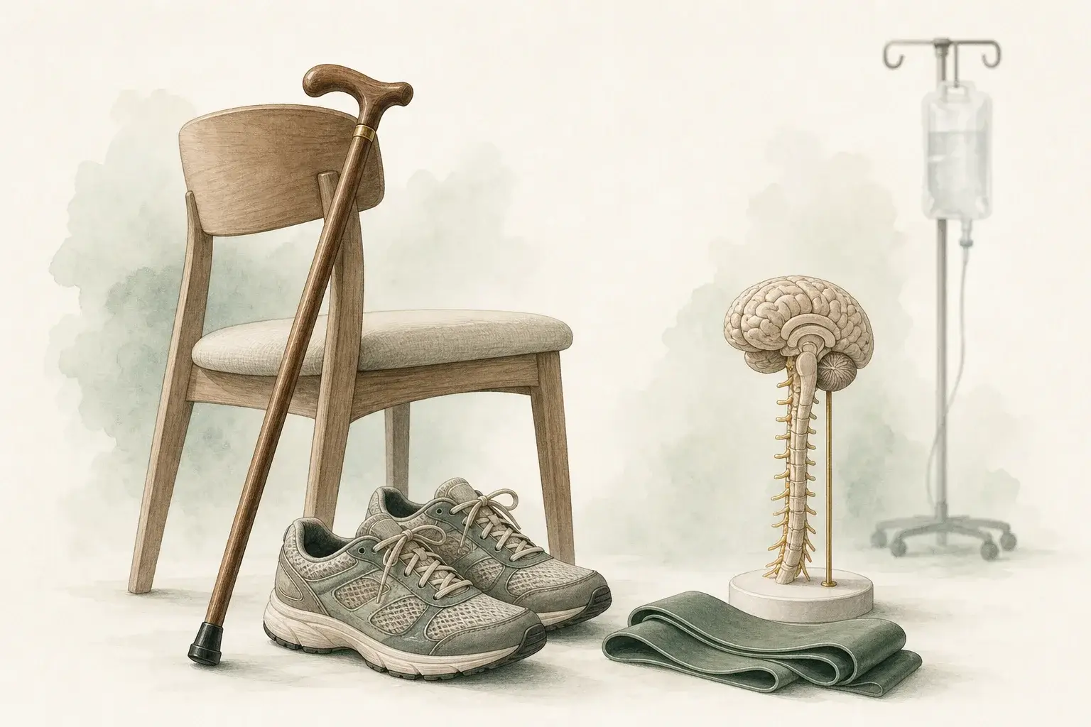 A walking cane against a chair, supportive shoes, a resistance band, a brain and spinal cord model, and an infusion bag in the background.