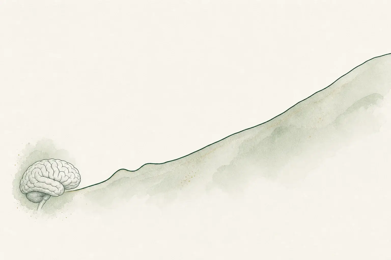 A single line rising slowly across the frame like a hillside, with two small early bumps and a brain silhouette at the start.