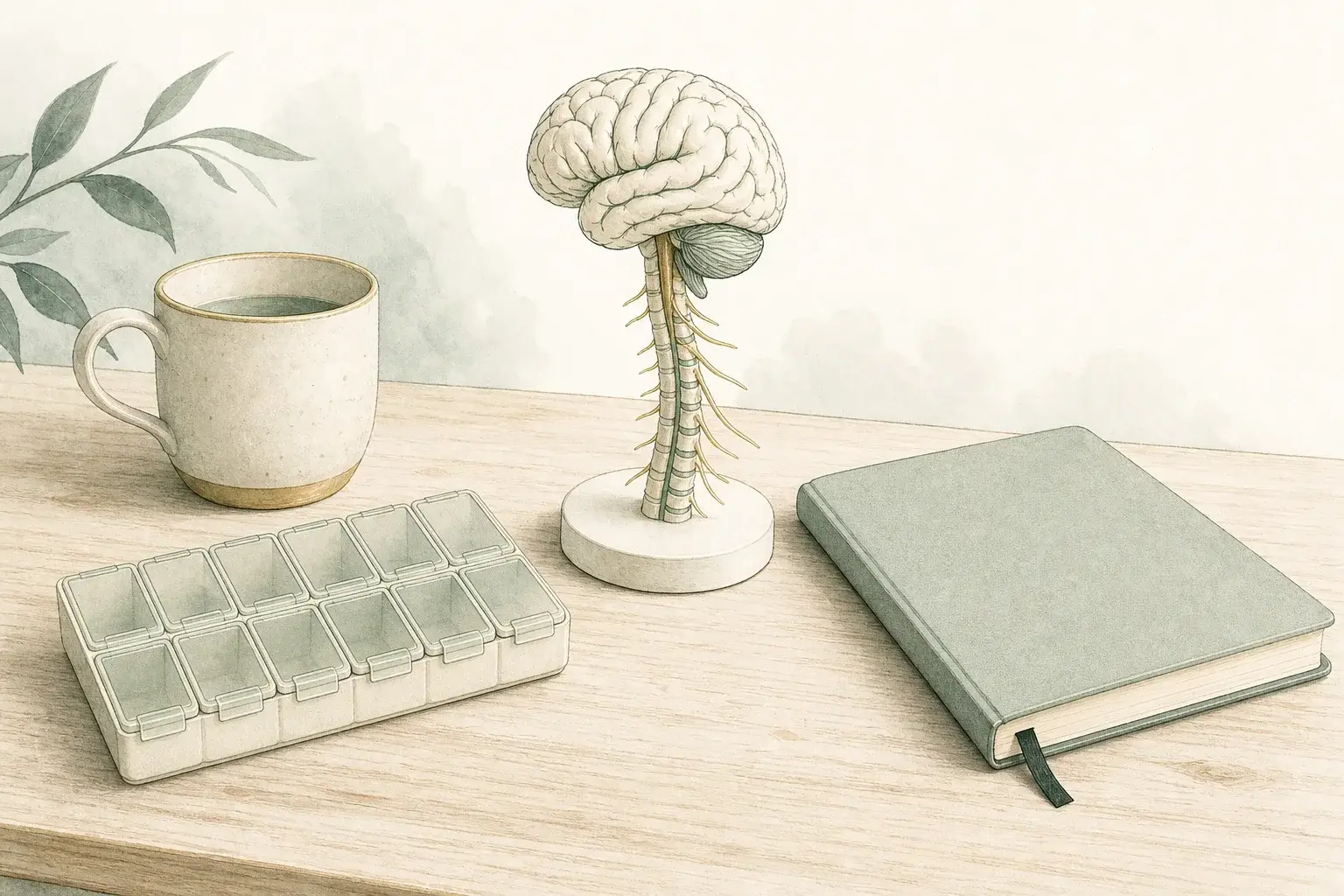 A pill organizer, a brain and spinal cord model, a notebook, and a cup on a wooden table.
