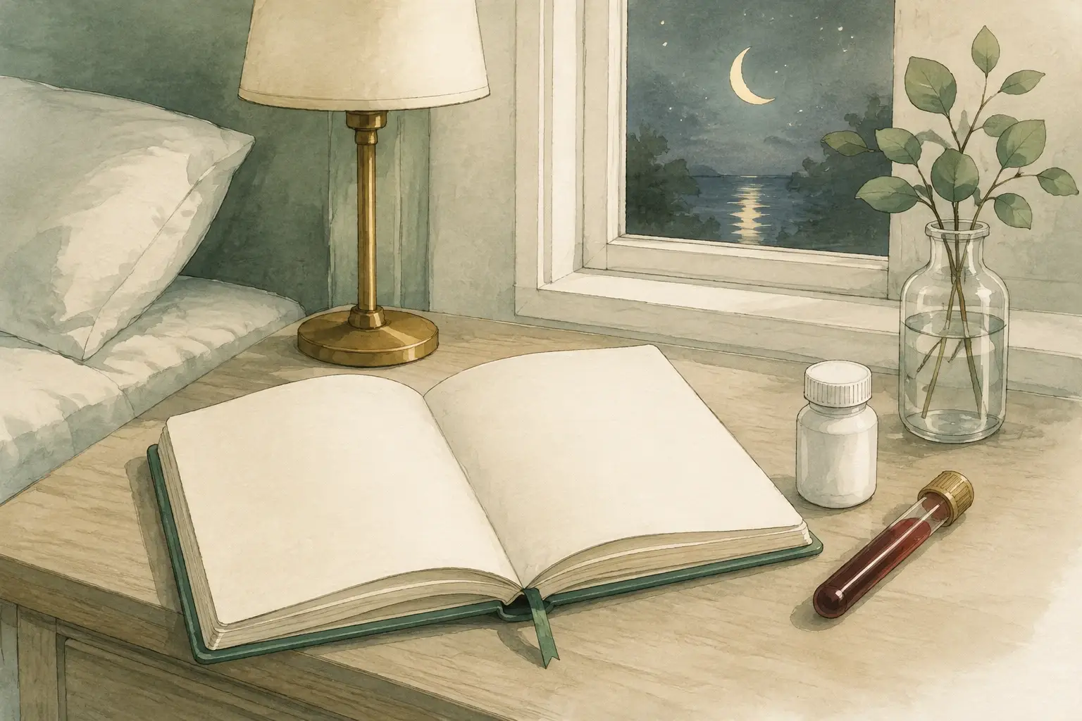Evening symptom diary beside a medicine container and blood sample tube.