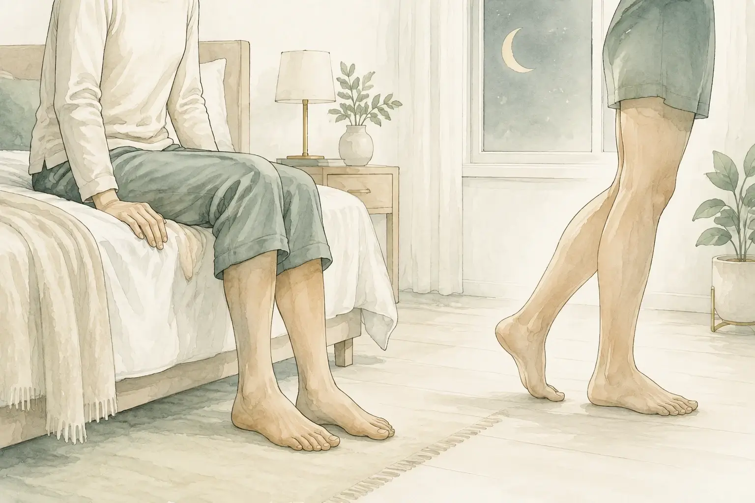 Legs resting at the bedside and legs walking in an evening bedroom scene.
