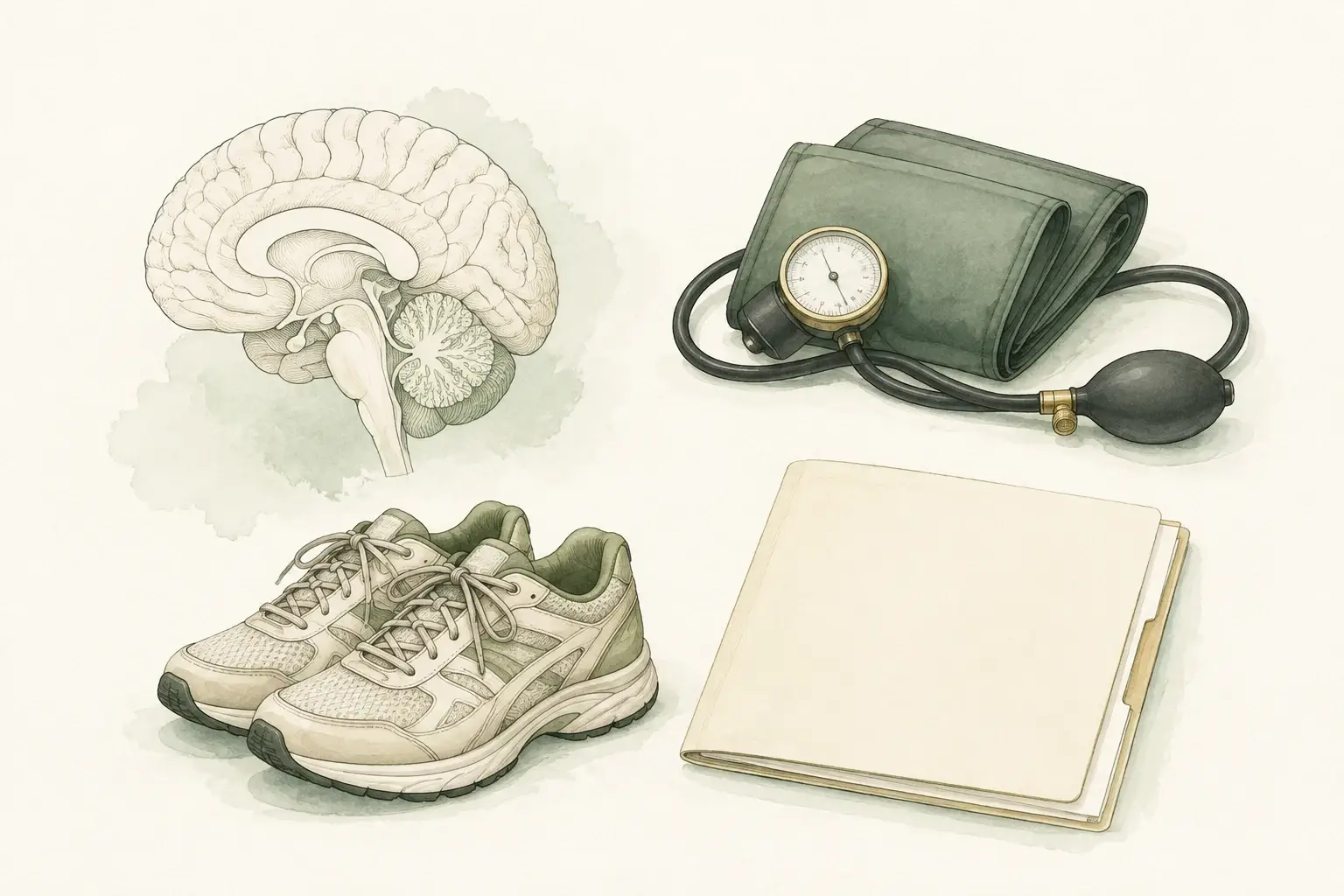 Brain illustration, blood pressure cuff, walking shoes, and blank clinical folder.